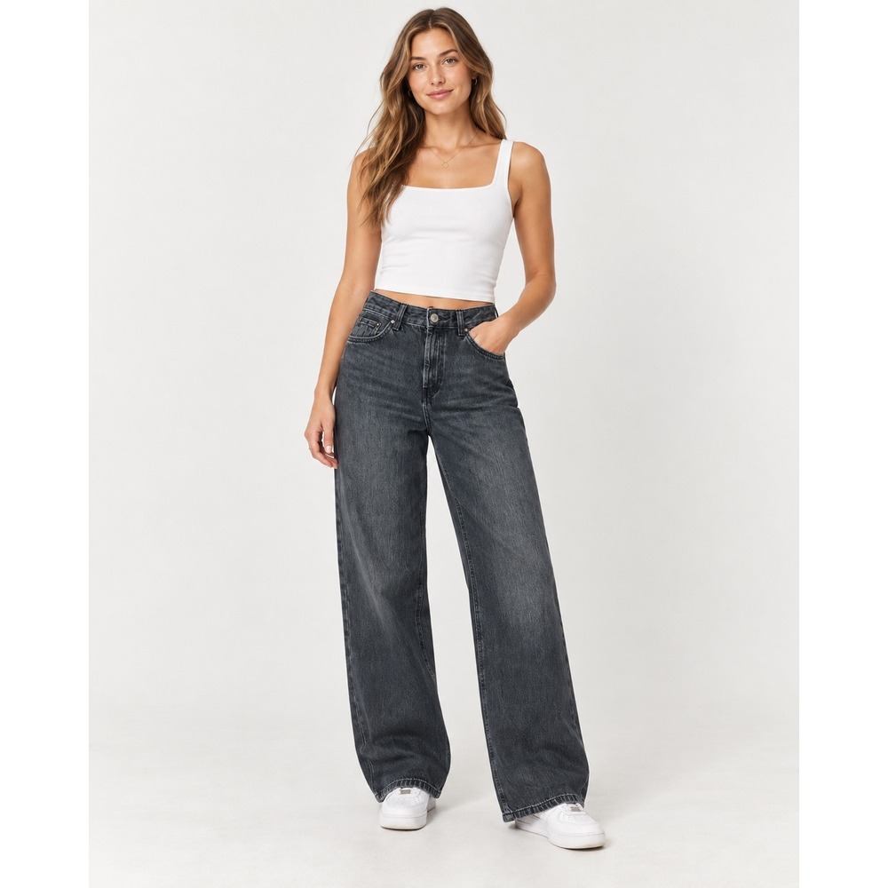 Pull&Bear Wide Leg Jeans Women 2 Black High Rise Baggy 100% Cotton Denim